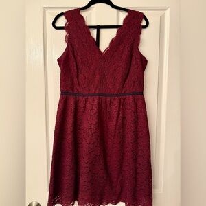 Loft burgundy lace dress with v-neck scalloped neckline and beaded belt